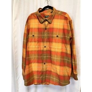 ORVIS Perfect Flannel Mens XXL Shirt Button Orange Red Plaid Long Sleeve Jacket